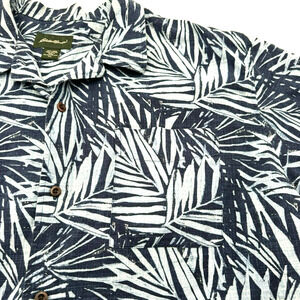 EDDIE BAUER Men's XL Short Sleeve Linen Blend Blue Tropical Button Up Shirt Palm